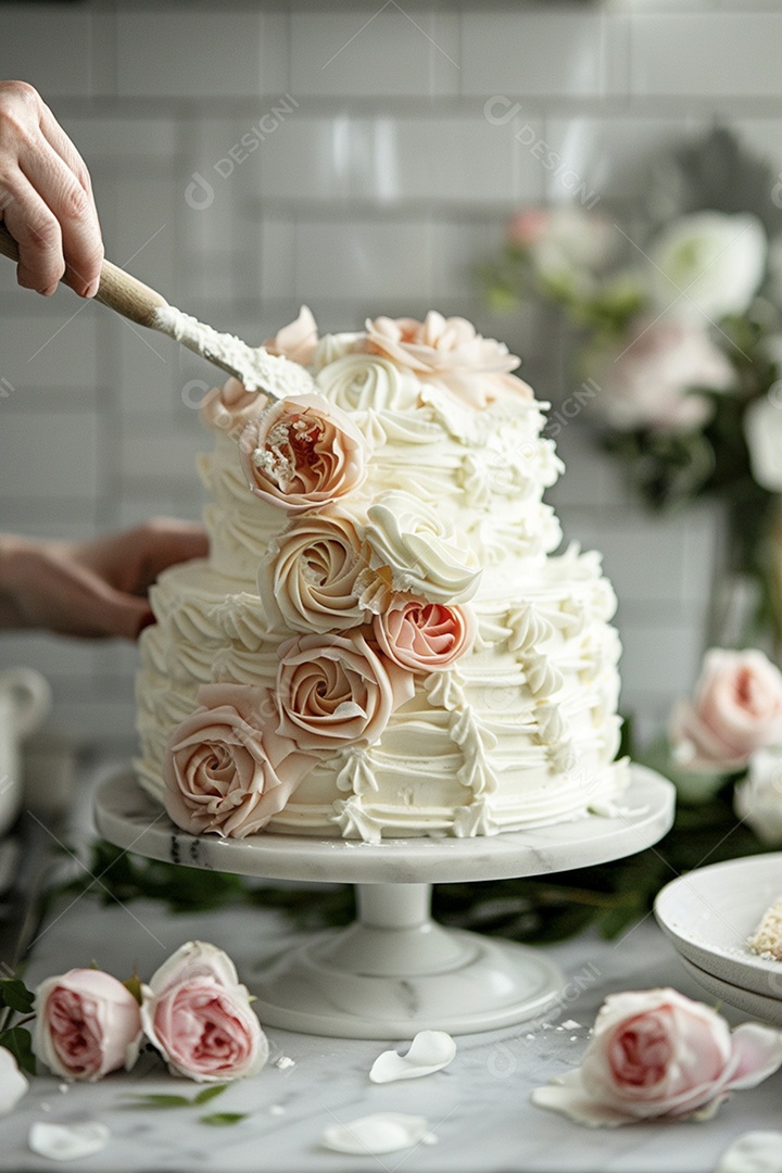 Espalhar creme de manteiga enquanto decora um bolo