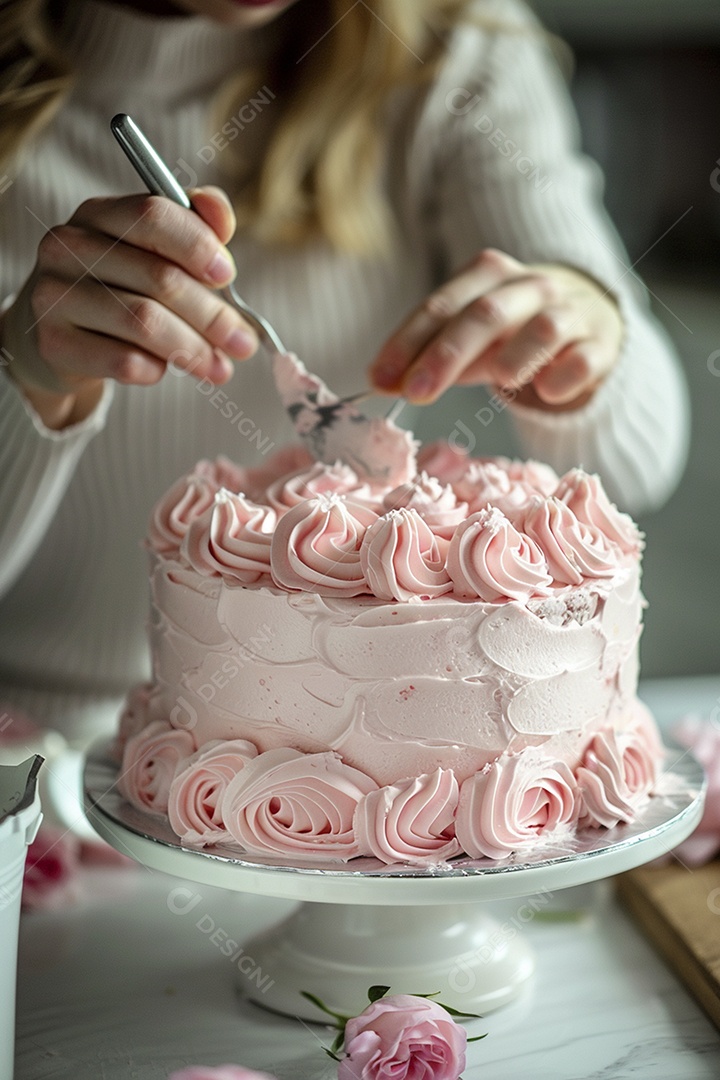 Espalhar creme de manteiga enquanto decora um bolo