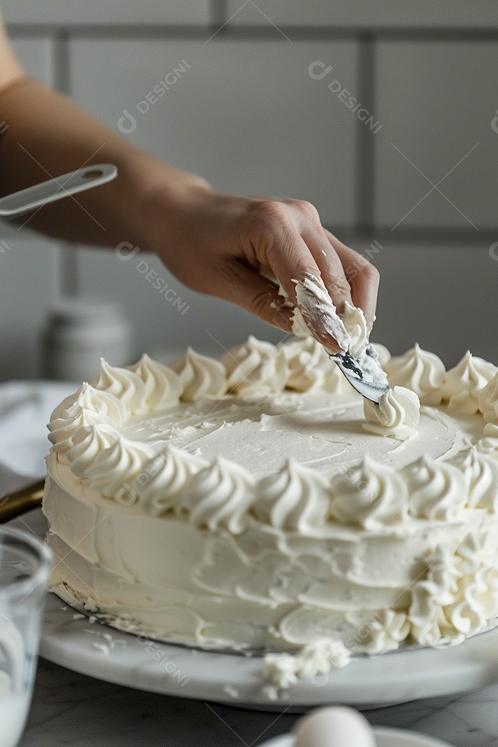 Espalhar creme de manteiga enquanto decora um bolo