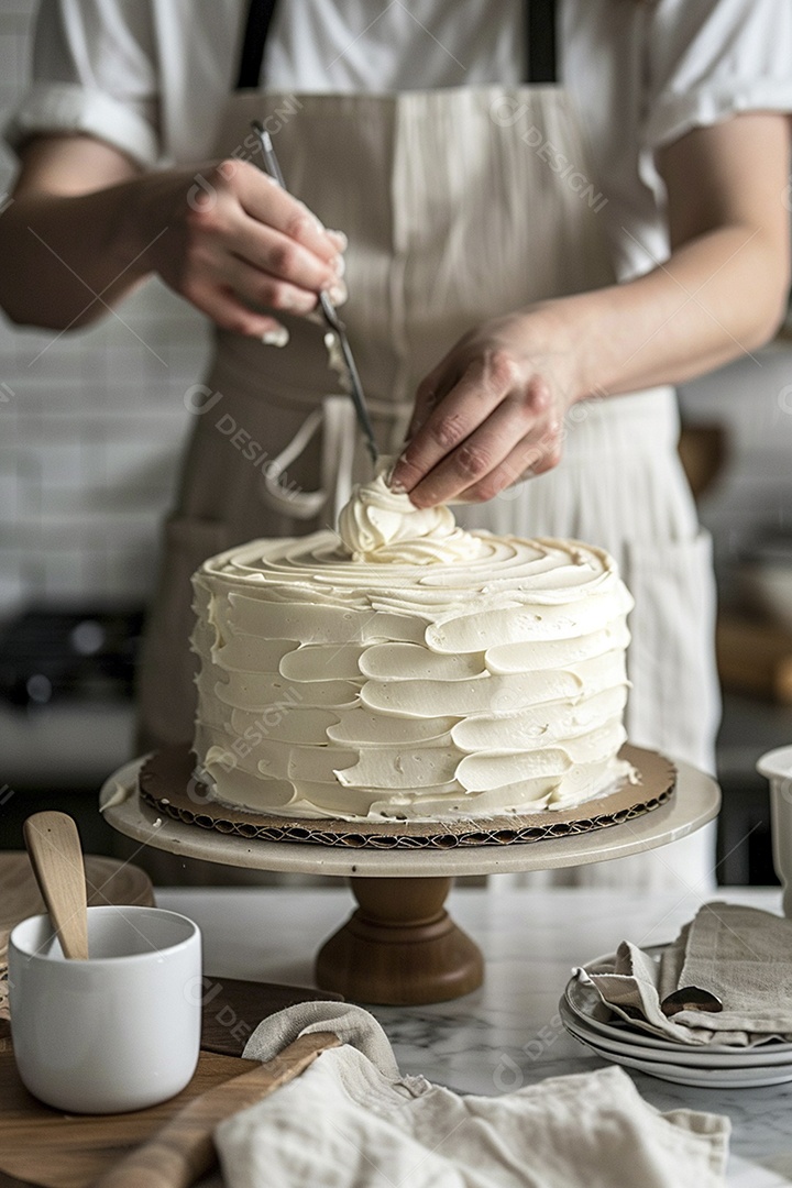 Espalhar creme de manteiga enquanto decora um bolo