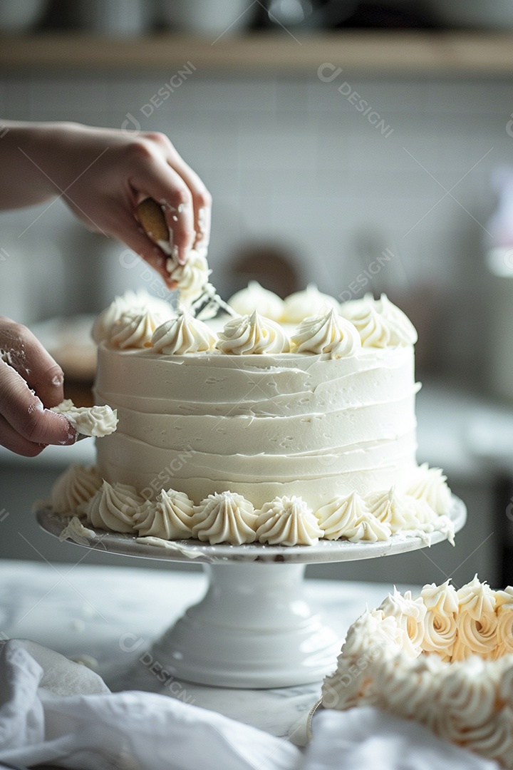Espalhar creme de manteiga enquanto decora um bolo