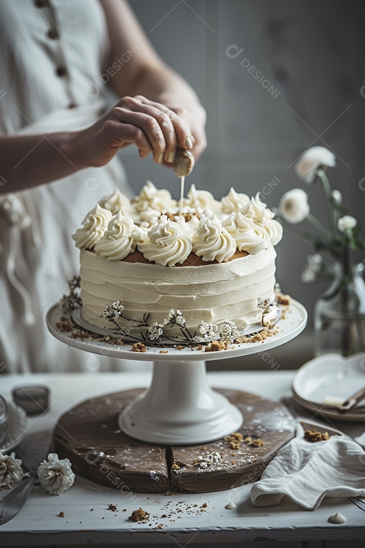 Espalhar creme de manteiga enquanto decora um bolo