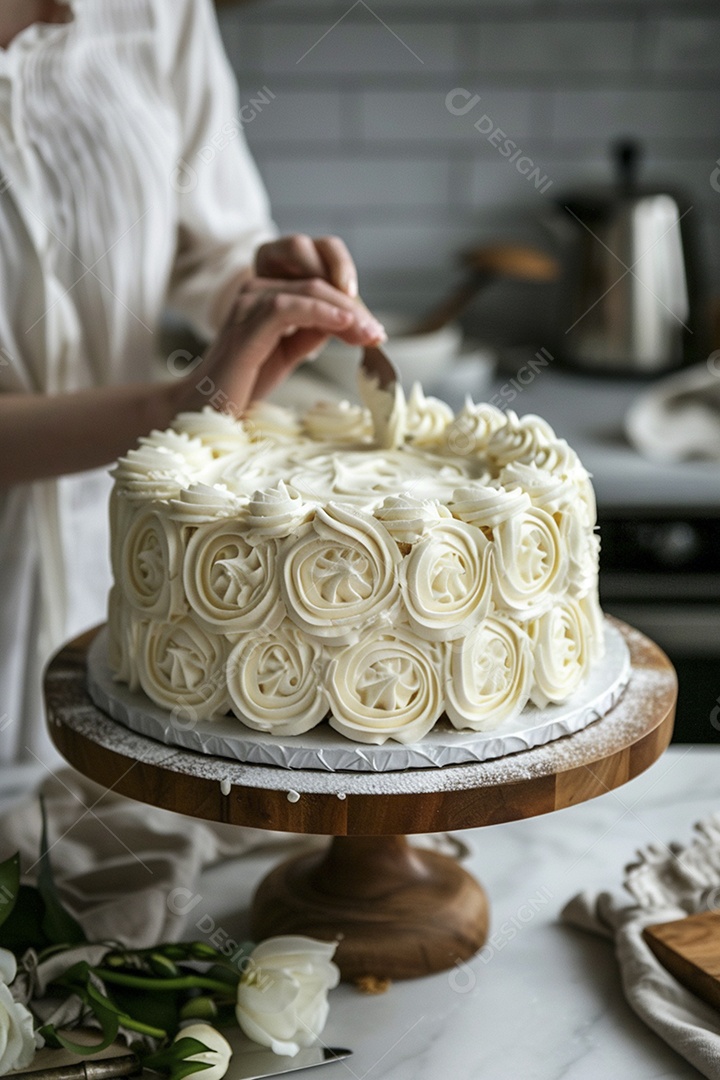 Espalhar creme de manteiga enquanto decora um bolo