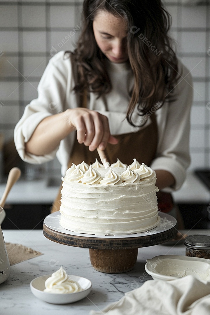 Espalhar creme de manteiga enquanto decora um bolo
