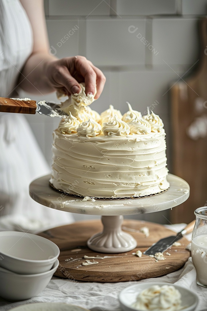 Espalhar creme de manteiga enquanto decora um bolo