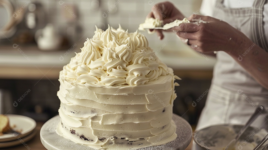 Espalhar creme de manteiga enquanto decora um bolo