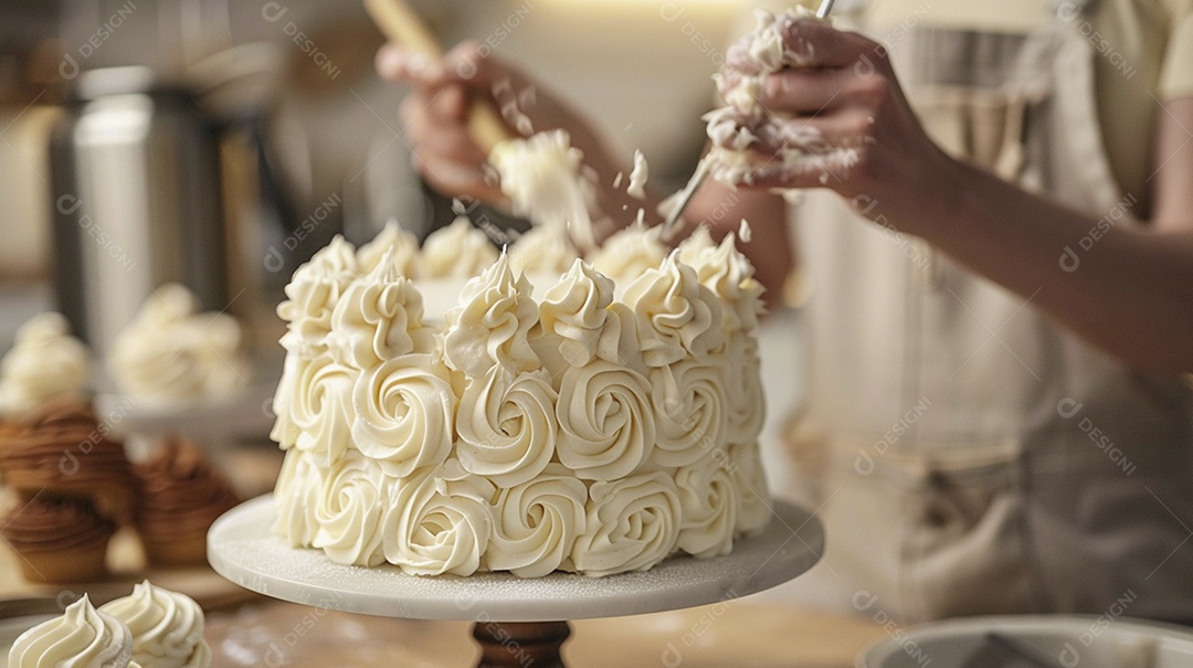 Espalhar creme de manteiga enquanto decora um bolo
