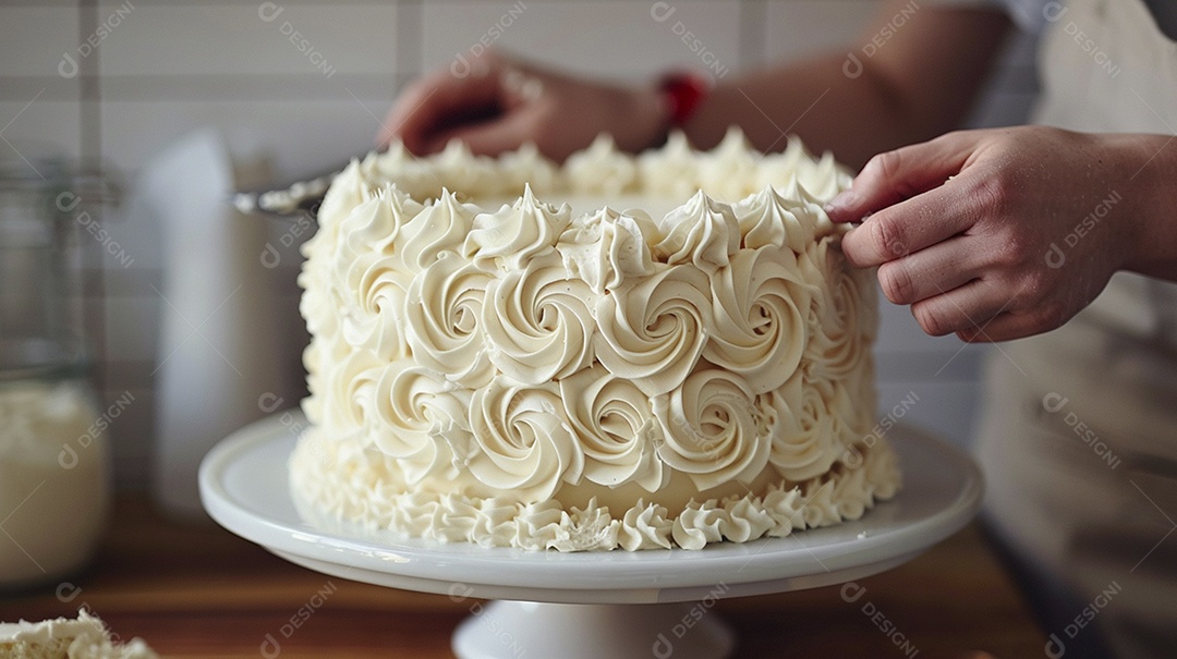 Espalhar creme de manteiga enquanto decora um bolo
