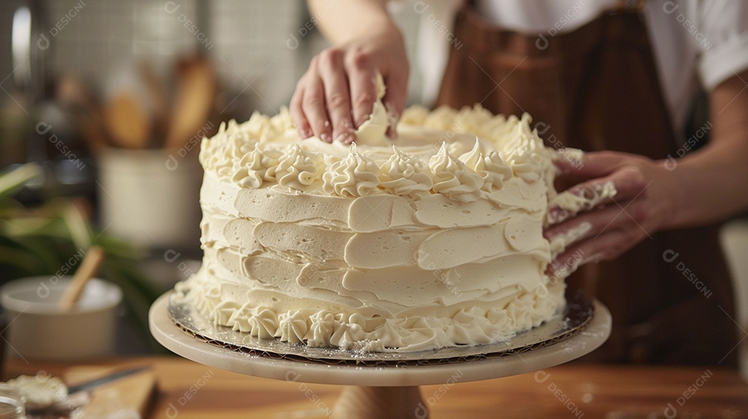 Espalhar creme de manteiga enquanto decora um bolo