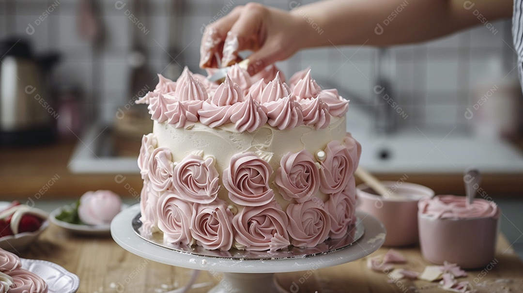 Espalhar creme de manteiga enquanto decora um bolo