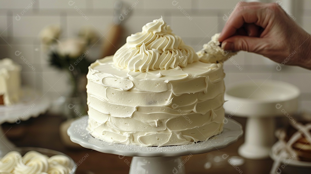 Espalhar creme de manteiga enquanto decora um bolo