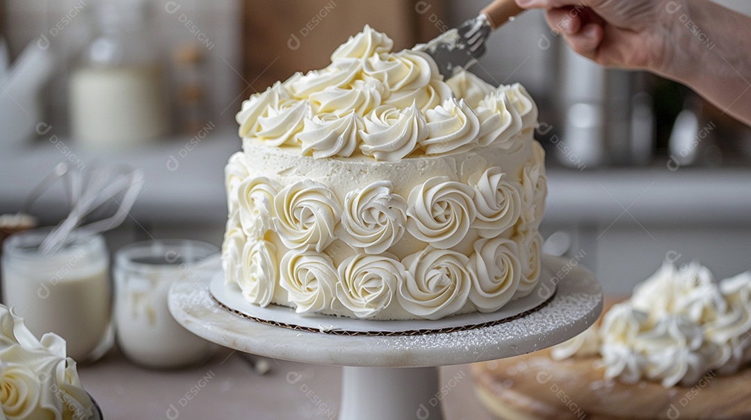 Espalhar creme de manteiga enquanto decora um bolo