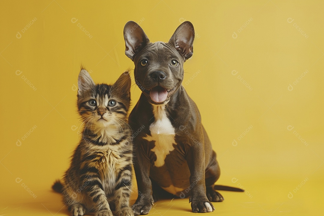 Cão e gato sentado para foto, isolado, fundo amarelo, animais de estimação, companheiros
