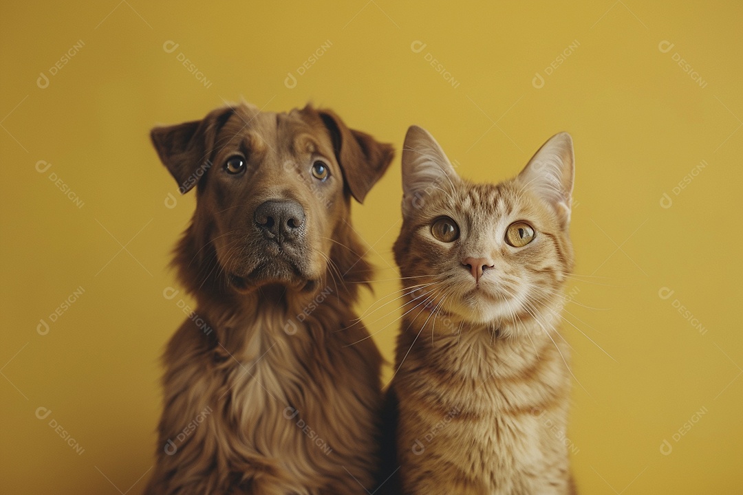 Cão e gato sentado para foto, isolado, fundo amarelo, animais de estimação, companheiros