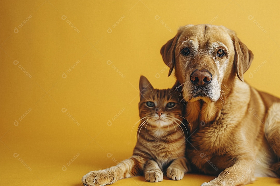 Cão e gato sentado para foto, isolado, fundo amarelo, animais de estimação, companheiros
