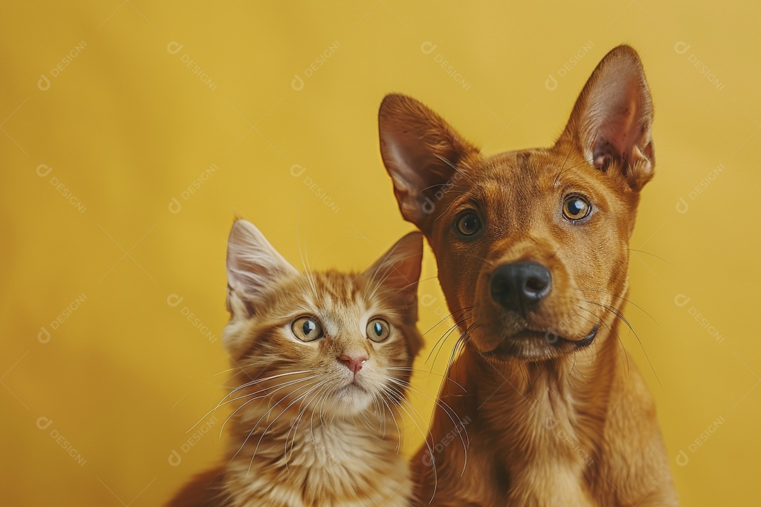 Cão e gato sentado para foto, isolado, fundo amarelo, animais de estimação, companheiros