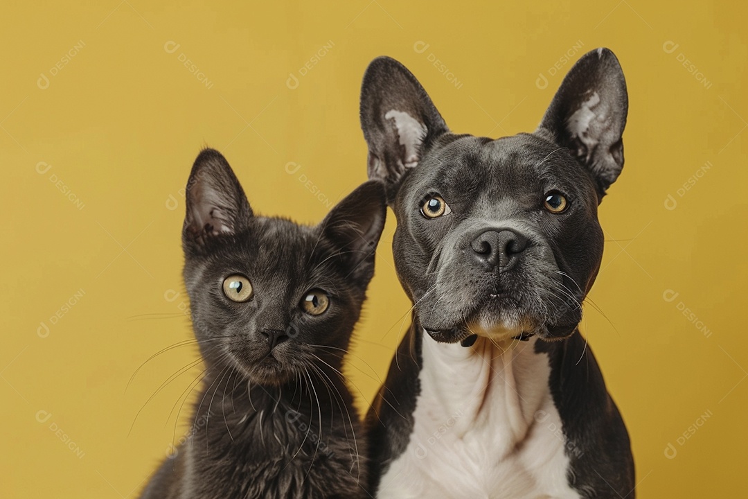 Cão e gato sentado para foto, isolado, fundo amarelo, animais de estimação, companheiros