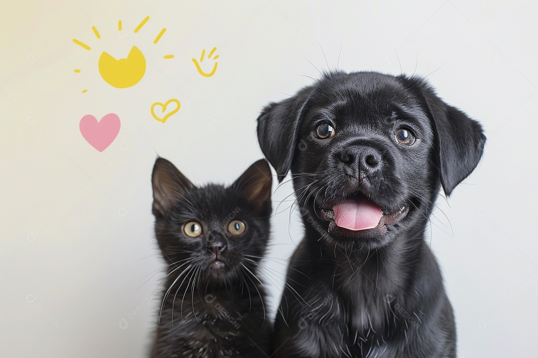 Cão e gato sentado para foto, isolado, fundo amarelo, animais de estimação, companheiros