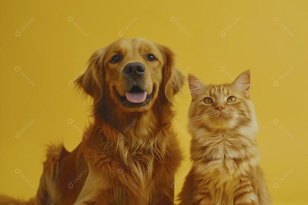 Cão e gato sentado para foto, isolado, fundo amarelo, animais de estimação, companheiros