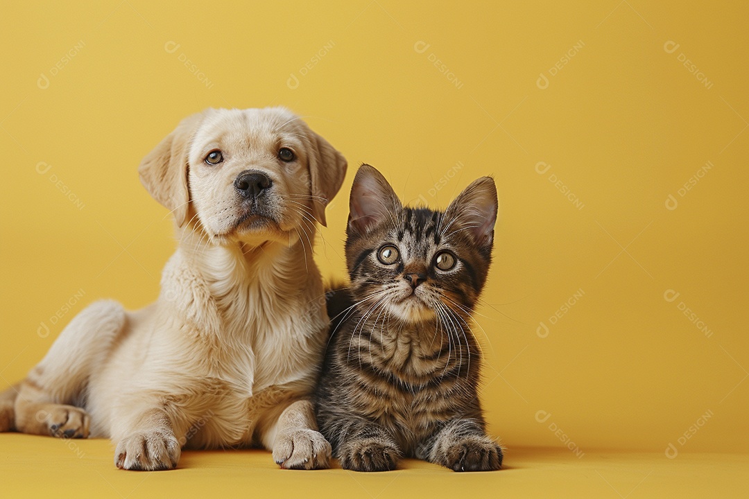 Cão e gato sentado para foto, isolado, fundo amarelo, animais de estimação, companheiros