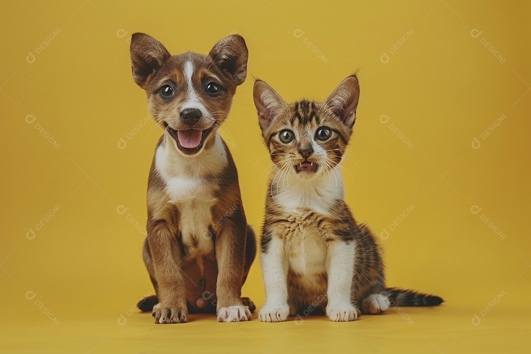 Cão e gato sentado para foto, isolado, fundo amarelo, animais de estimação, companheiros