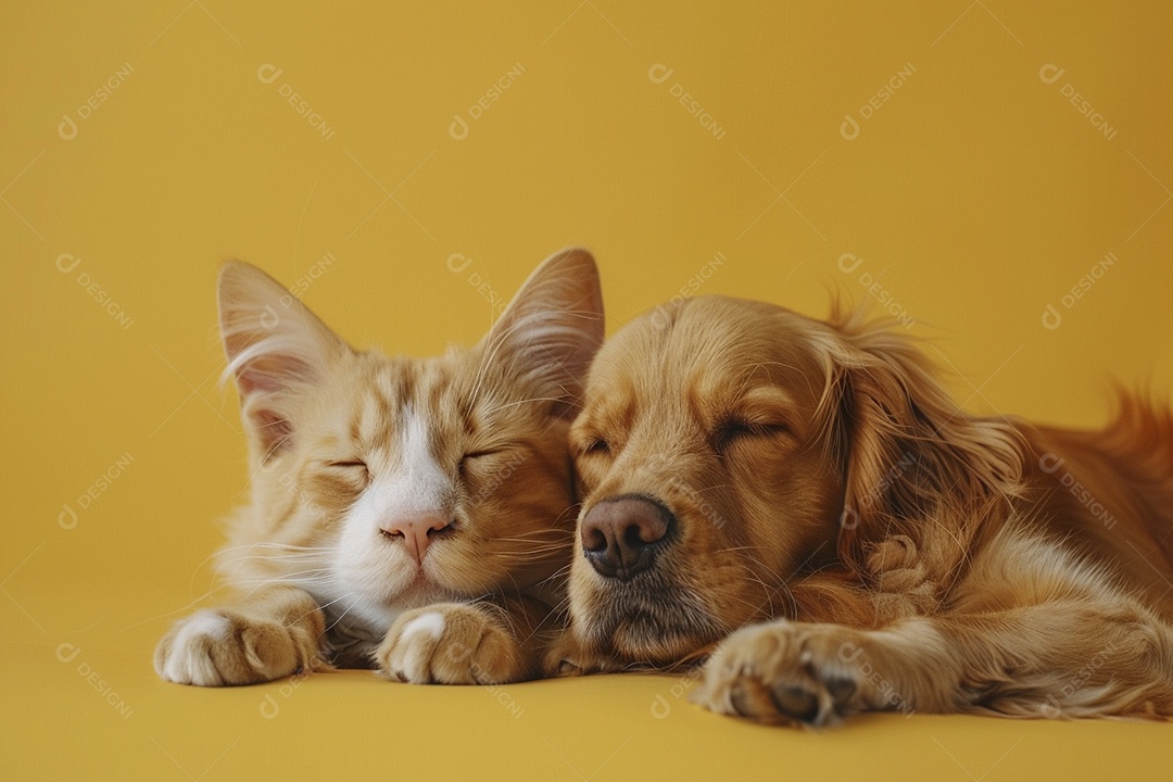 Cão e gato sentado para foto, isolado, fundo amarelo, animais de estimação, companheiros