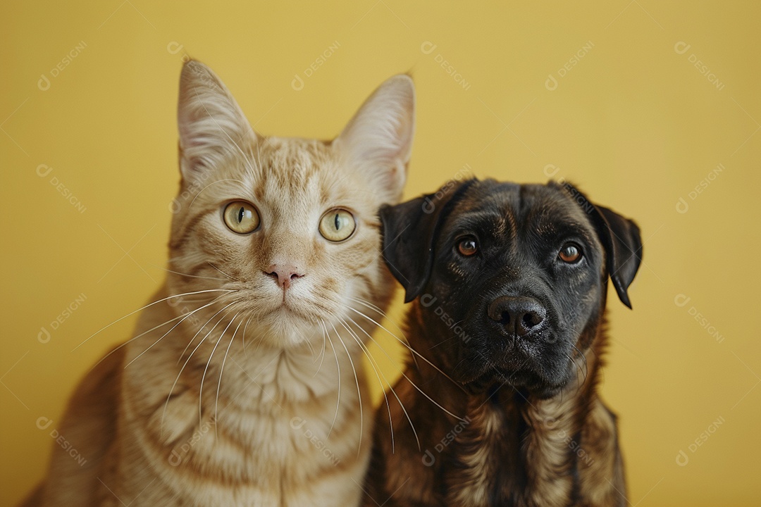 Cão e gato sentado para foto, isolado, fundo amarelo, animais de estimação, companheiros