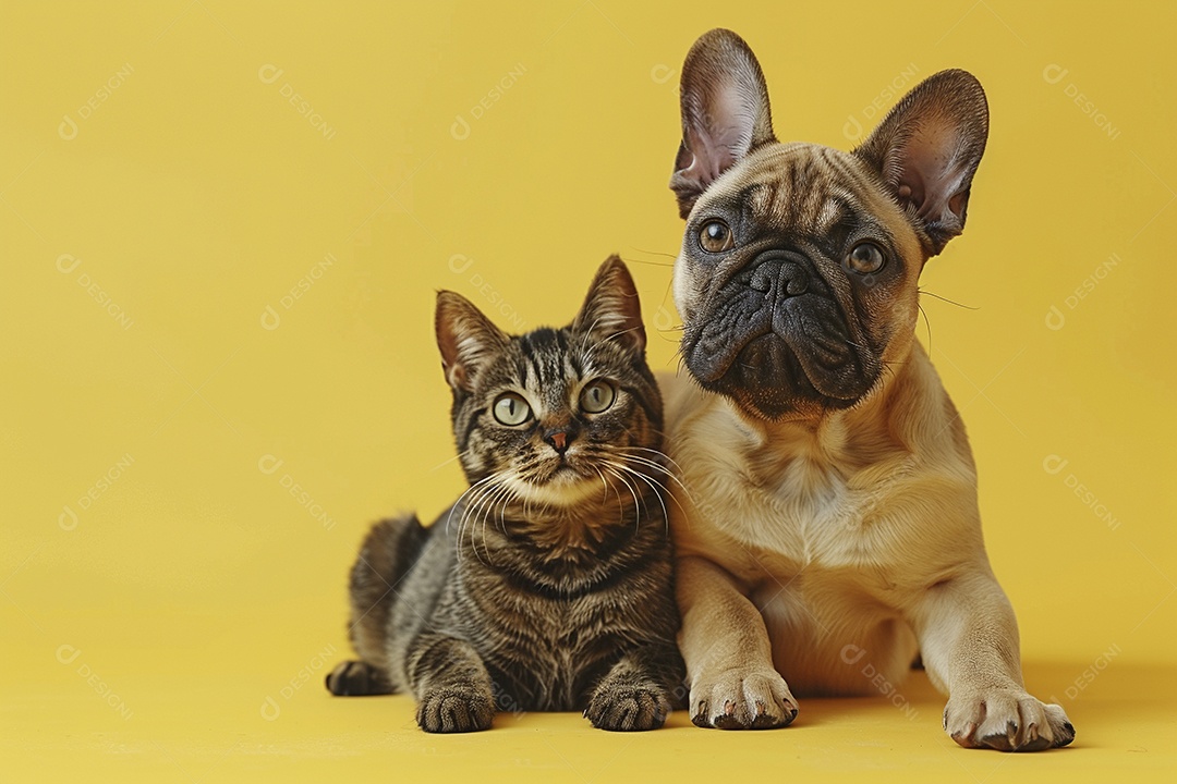 Cão e gato sentado para foto, isolado, fundo amarelo, animais de estimação, companheiros