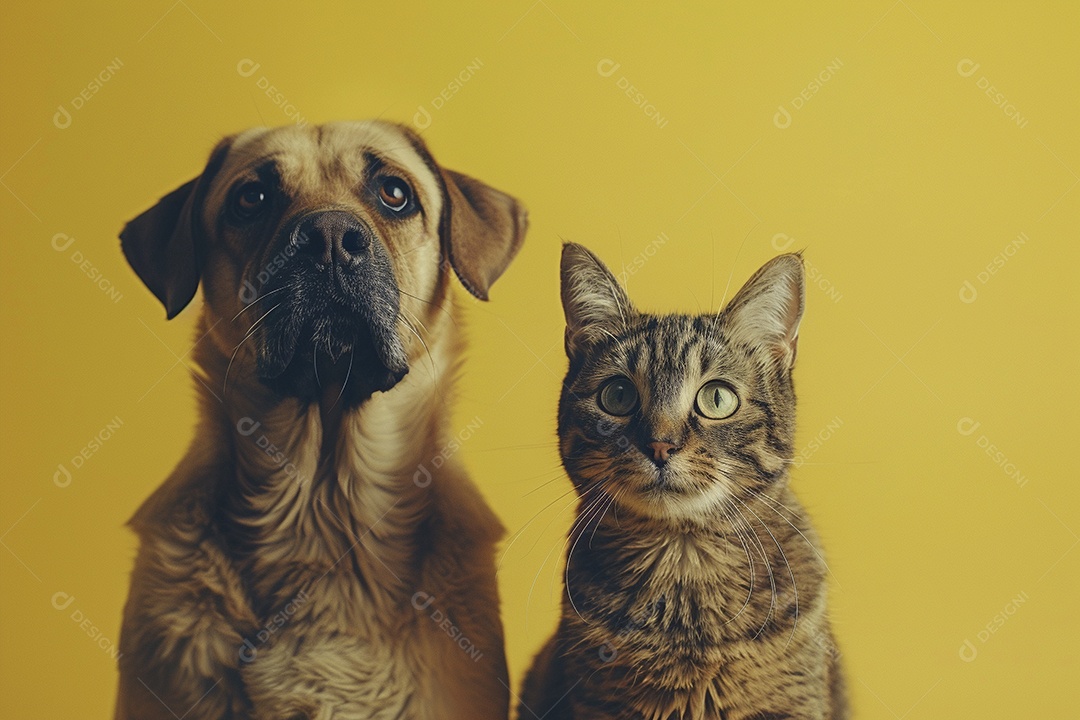 Cão e gato sentado para foto, isolado, fundo amarelo, animais de estimação, companheiros