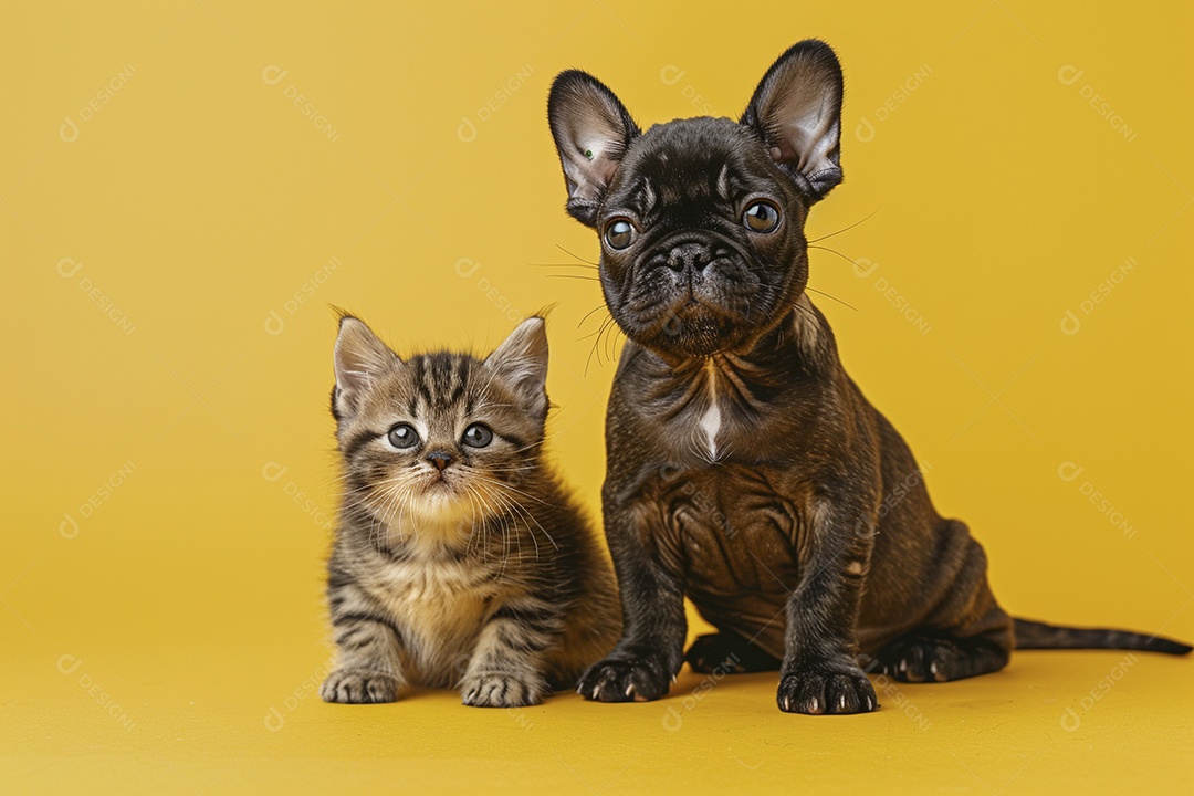 Cão e gato sentado para foto, isolado, fundo amarelo, animais de estimação, companheiros