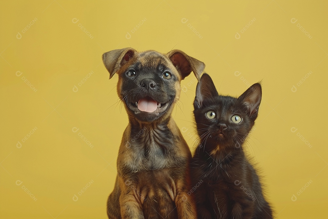 Cão e gato sentado para foto, isolado, fundo amarelo, animais de estimação, companheiros