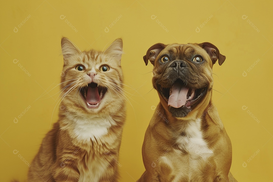 Cão e gato sentado para foto, isolado, fundo amarelo, animais de estimação, companheiros