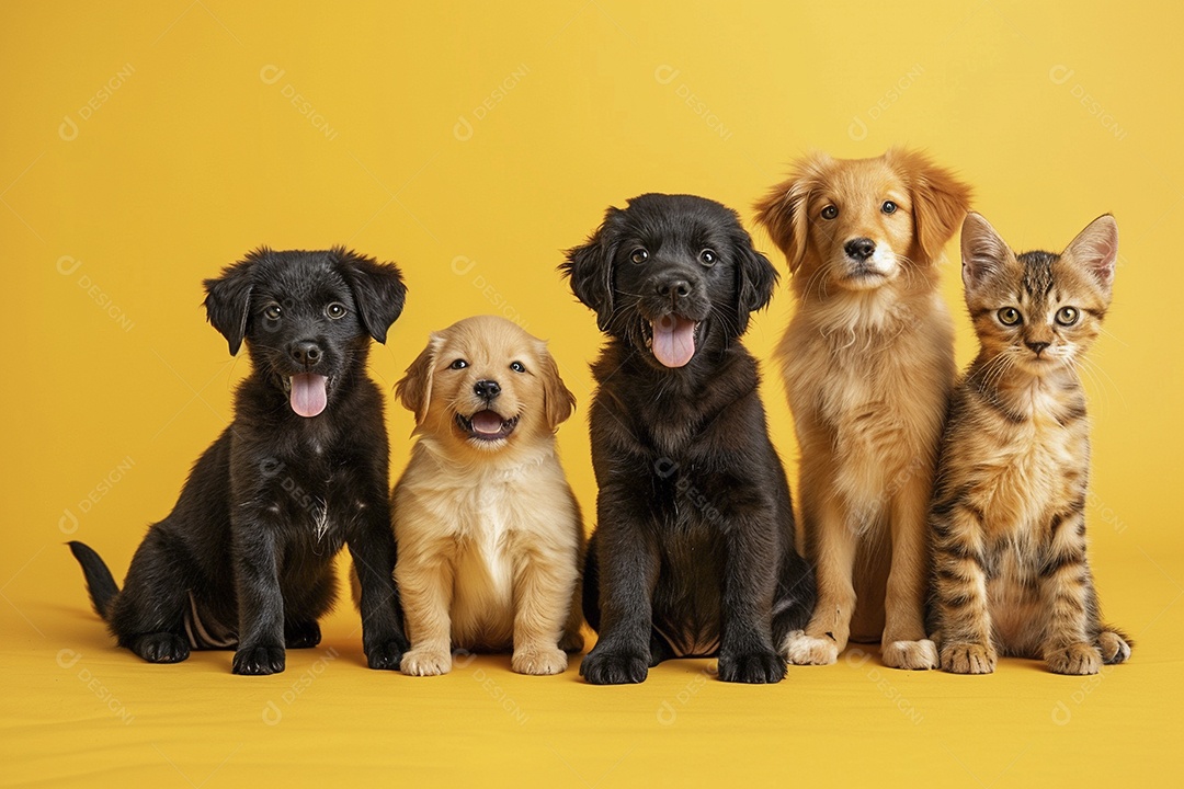Cão e gato sentados para foto, fundo isolado, azul, animais de estimação, amizade