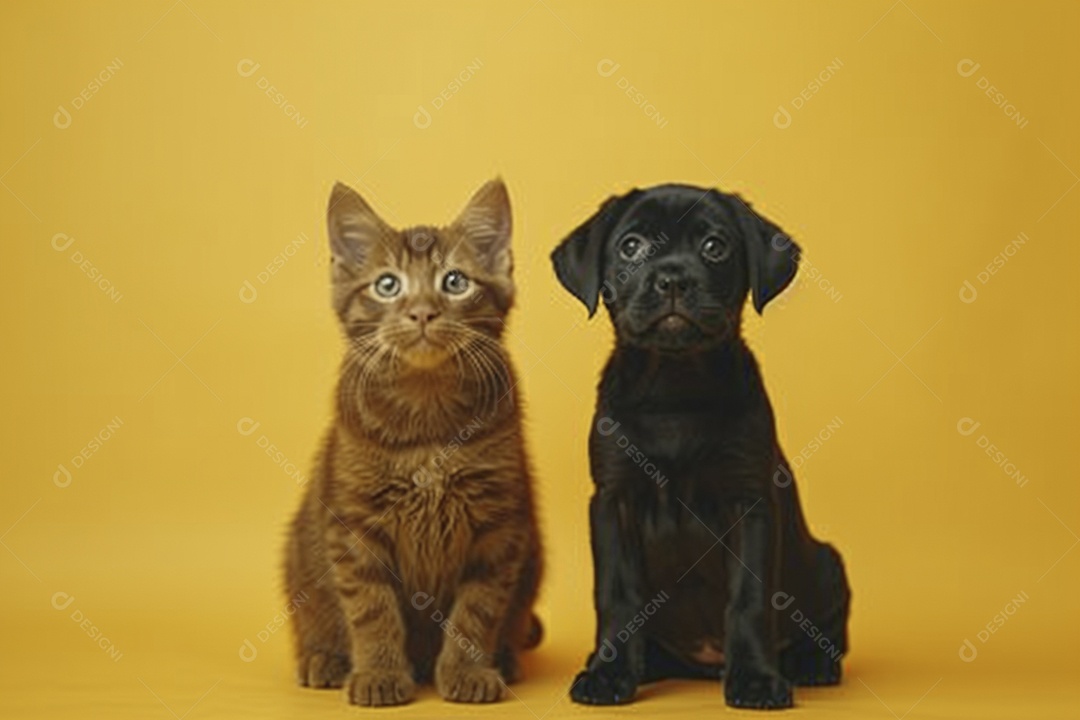 Cão e gato sentado para foto, isolado, fundo amarelo, animais de estimação, companheiros