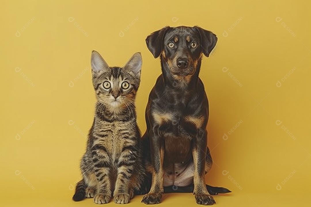 Cão e gato sentado para foto, isolado, fundo amarelo, animais de estimação, companheiros