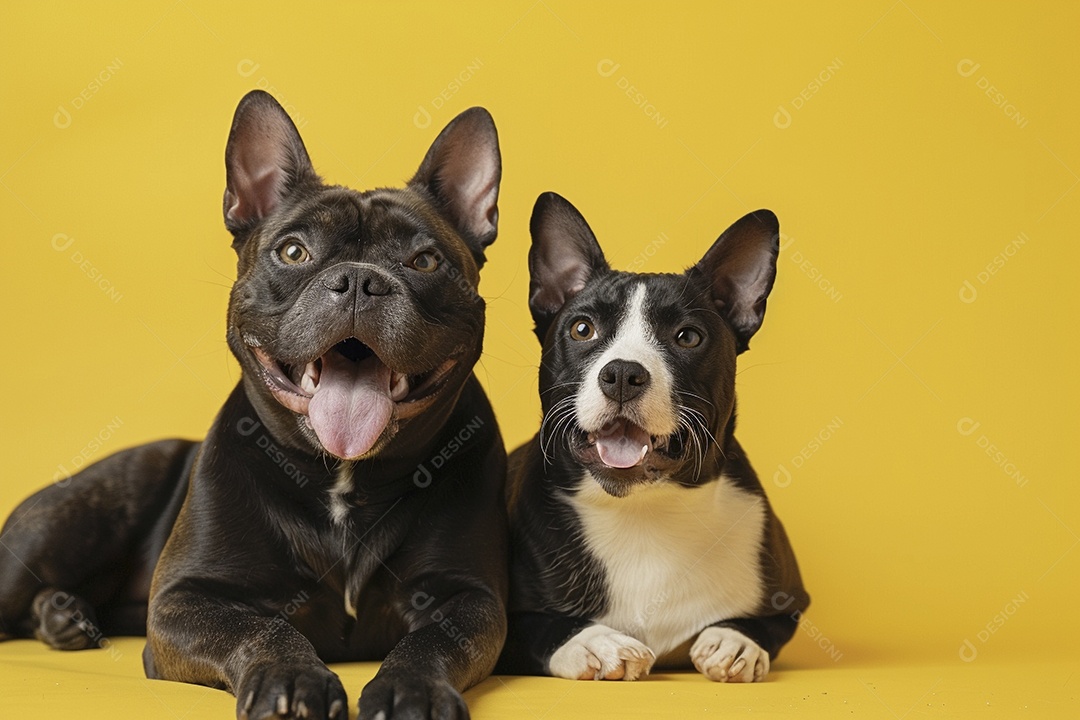 Cão e gato sentado para foto, isolado, fundo amarelo, animais de estimação, companheiros