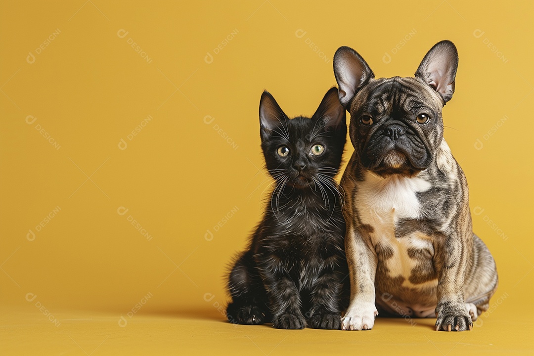 Cão e gato sentado para foto, isolado, fundo amarelo, animais de estimação, companheiros