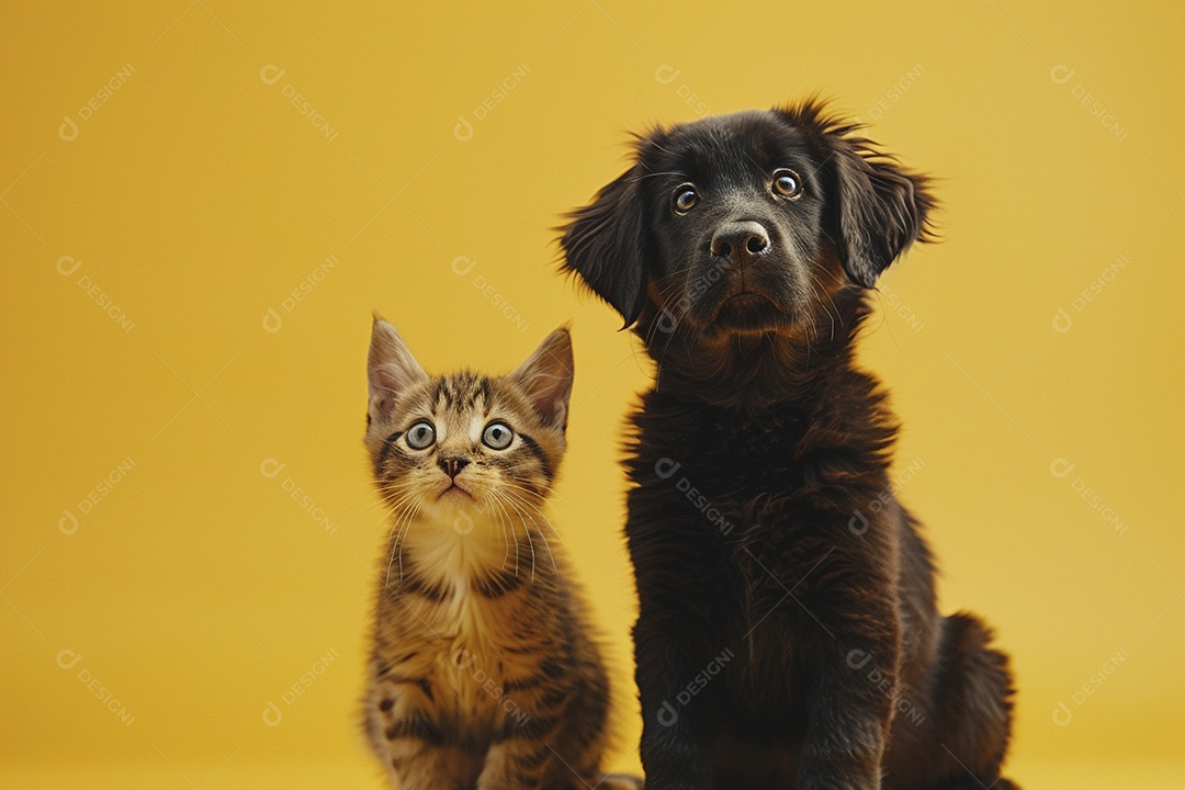 Cão e gato sentado para foto, isolado, fundo amarelo, animais de estimação, companheiros