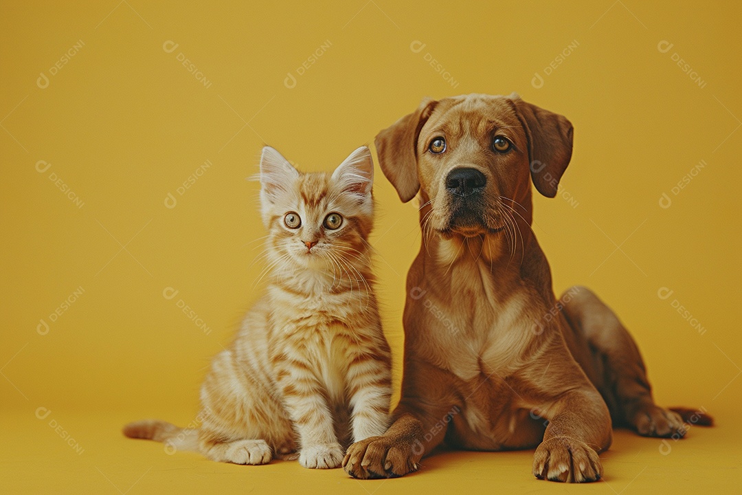 Cão e gato sentado para foto, isolado, fundo amarelo, animais de estimação, companheiros