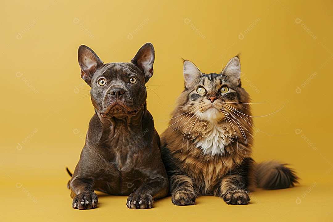 Cão e gato sentado para foto, isolado, fundo amarelo, animais de estimação, companheiros