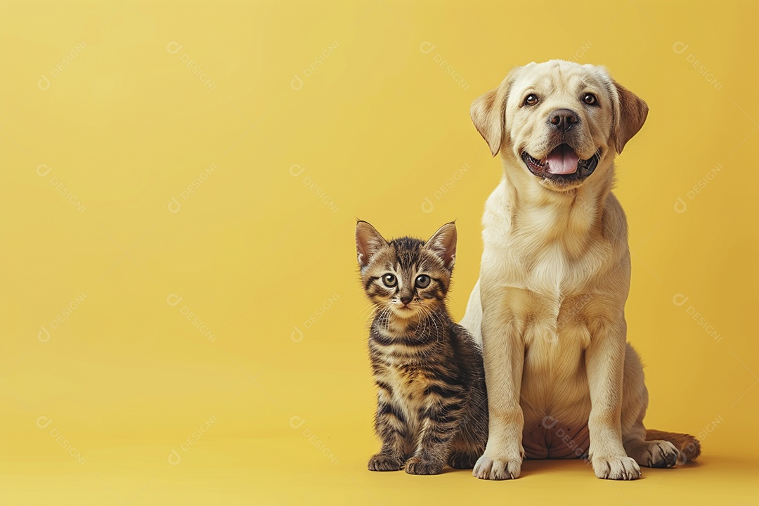Cão e gato sentado para foto, isolado, fundo amarelo, animais de estimação, companheiros