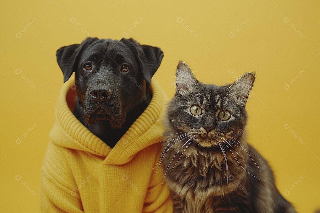 Cão e gato sentado para foto, isolado, fundo amarelo, animais de estimação, companheiros
