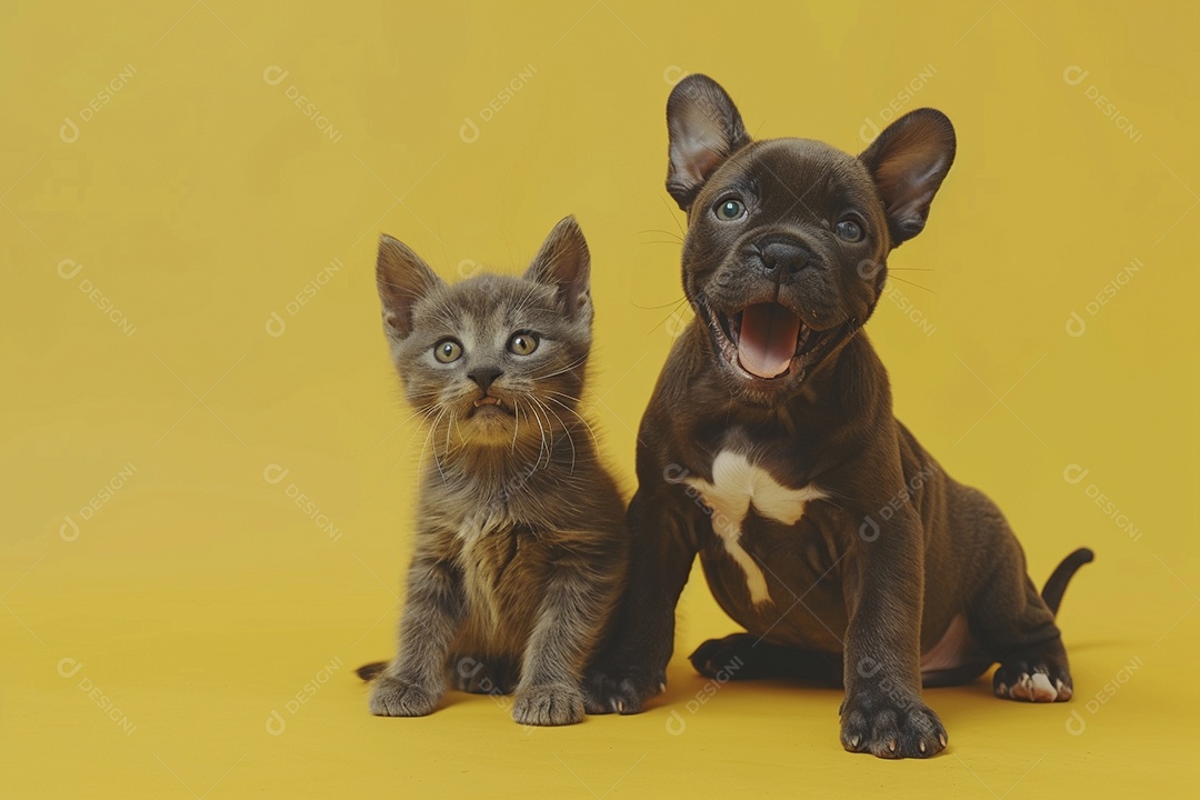 Cão e gato sentado para foto, isolado, fundo amarelo, animais de estimação, companheiros