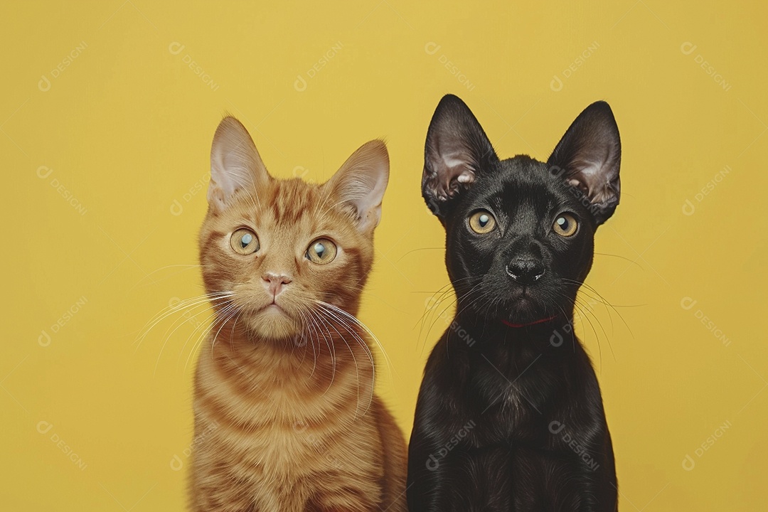 Cão e gato sentado para foto, isolado, fundo amarelo, animais de estimação, companheiros