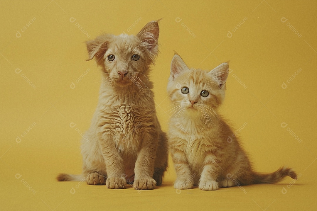 Cão e gato sentado para foto, isolado, fundo amarelo, animais de estimação, companheiros
