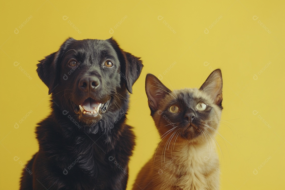 Cão e gato sentado para foto, isolado, fundo amarelo, animais de estimação, companheiros
