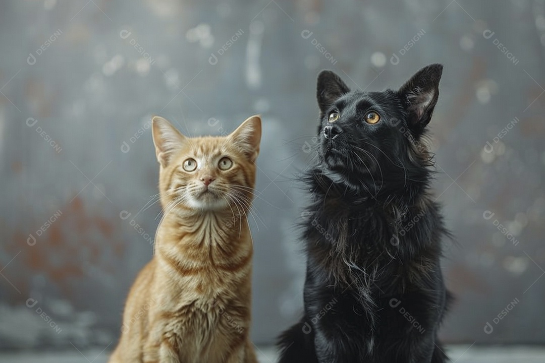 Cão e gato sentado para foto, isolado, fundo amarelo, animais de estimação, companheiros