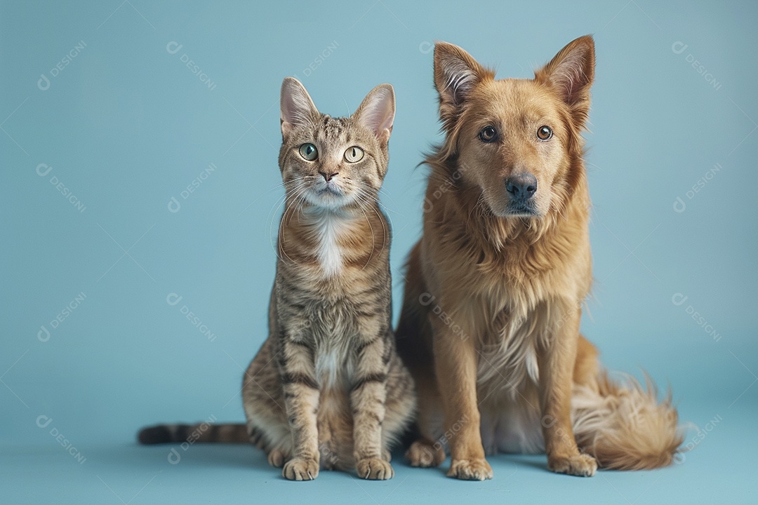Cão e gato sentado para foto, isolado, fundo amarelo, animais de estimação, companheiros