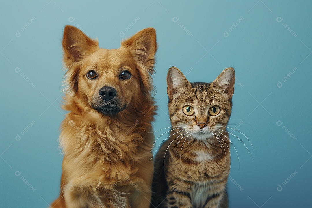Cão e gato sentado para foto, isolado, fundo amarelo, animais de estimação, companheiros