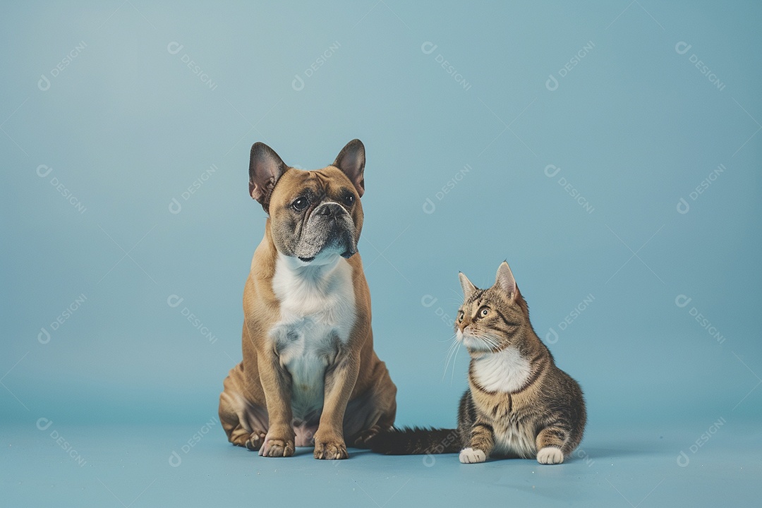 Cão e gato sentado para foto, isolado, fundo amarelo, animais de estimação, companheiros